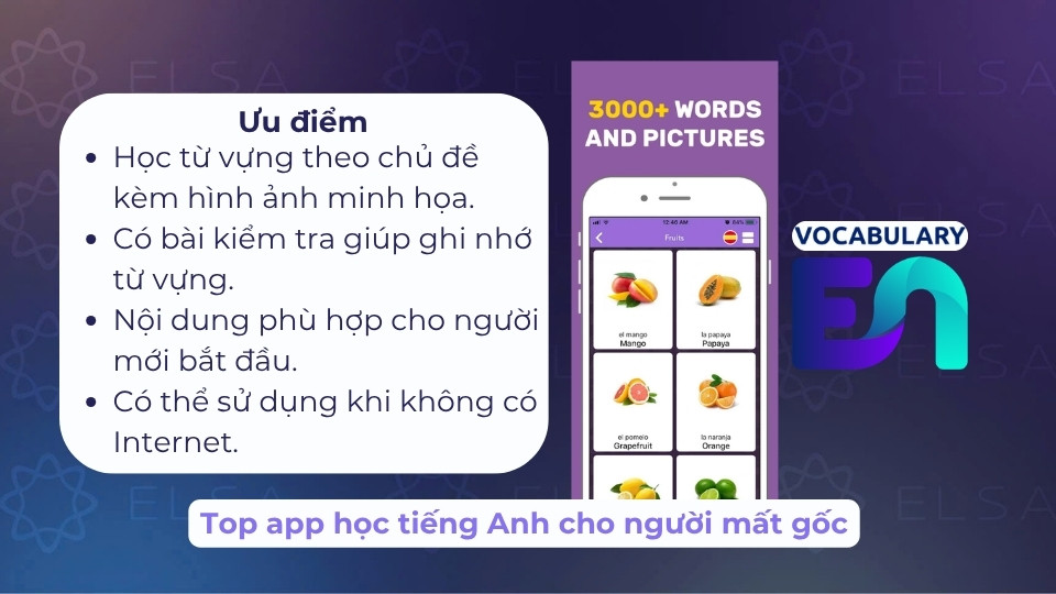 Learning English Vocabulary là ứng dụng phù hợp với người mới bắt đầu xây dựng nền tảng từ vựng