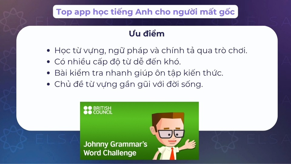 Johnny Grammar’s Word Challenge giúp người học ôn tập từ vựng, chính tả và ngữ pháp