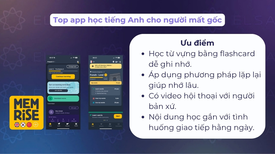 App học tiếng Anh Memrise có chức năng học từ vựng bằng flashcard giúp người học không bị chán