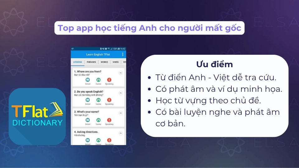 Người học có thể dùng TFlat để tra, học từ vựng và luyện nghe, phát âm cơ bản