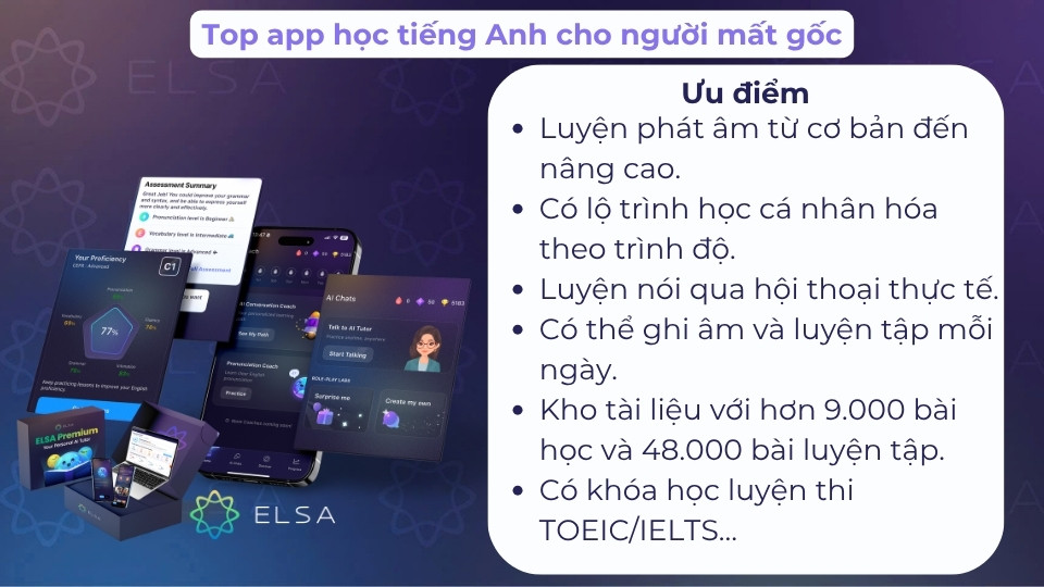 ELSA Speak luôn có AI Coach sắp xếp lộ trình cá nhân hóa riêng biệt và có kho tài liệu luyện tập lớn