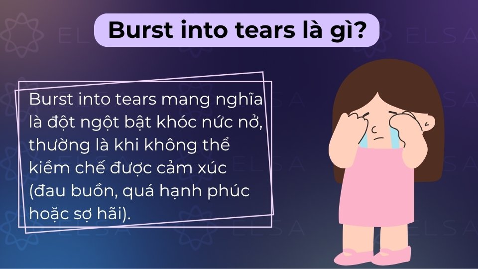 Burst into tears là cụm từ chỉ việc đột ngột bật khóc nức nở khi cảm xúc dâng trào mạnh mẽ