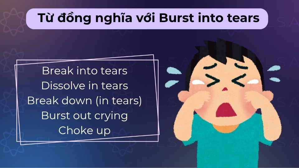 Các cụm từ tương tự bao gồm Break into tears, Dissolve in tears hoặc Burst out crying