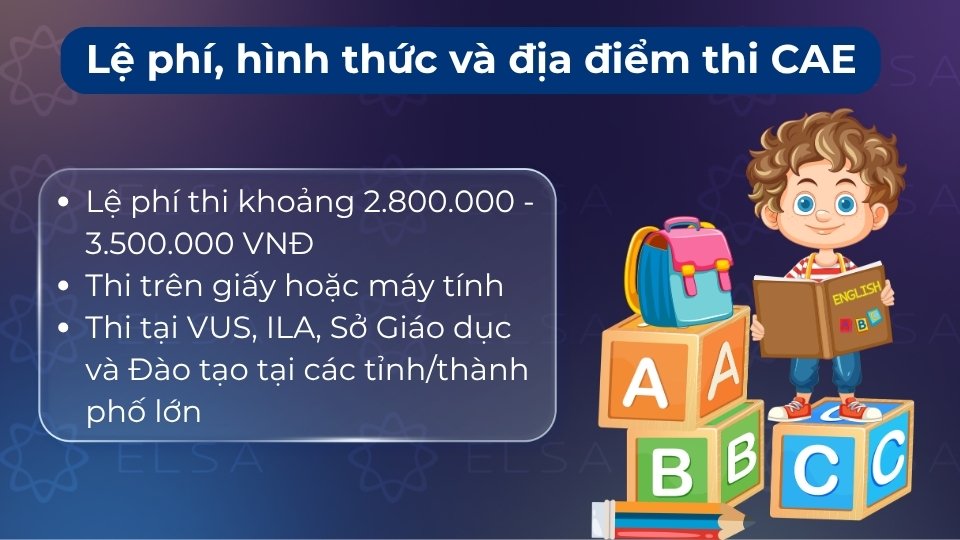 Lệ phí khoảng 3 triệu VNĐ, thi trên giấy hoặc máy tại VUS, ILA hoặc các Sở GD&ĐT Lệ phí khoảng 3 triệu VNĐ, thi trên giấy hoặc máy tại VUS, ILA hoặc các Sở GD&ĐT