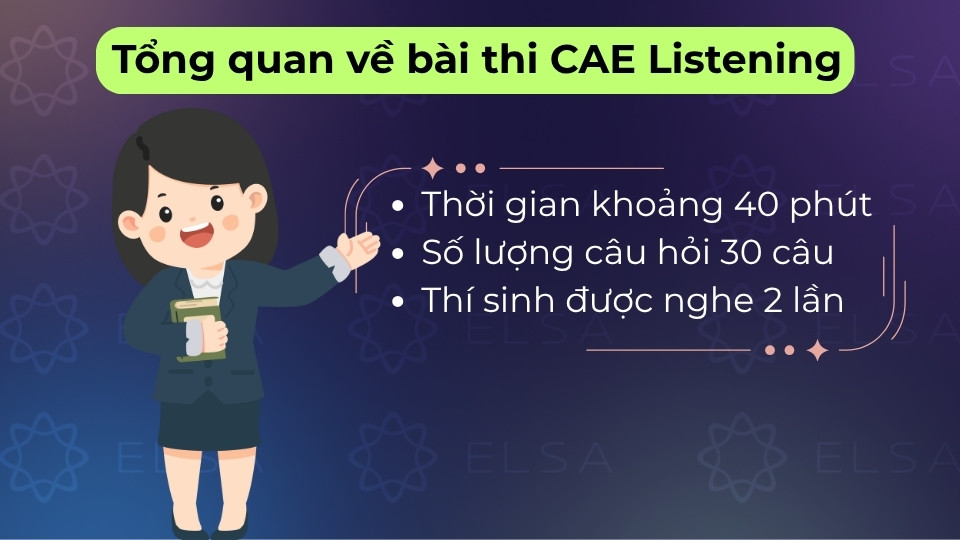 Bài thi CAE Listening gồm 4 phần, 30 câu hỏi giúp đánh giá kỹ năng nghe hiểu trình độ C1