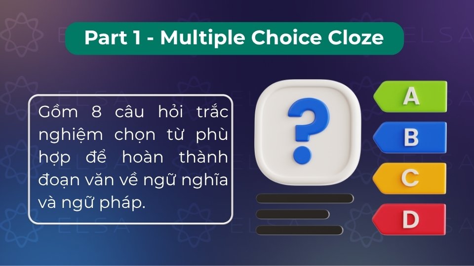 Gồm 8 câu hỏi trắc nghiệm chọn từ phù hợp để hoàn thành đoạn văn về ngữ nghĩa và ngữ pháp