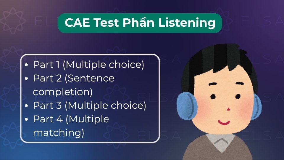 Gồm 4 phần (30 câu hỏi) về các đoạn hội thoại, độc thoại và thảo luận phức tạp trong 40 phút