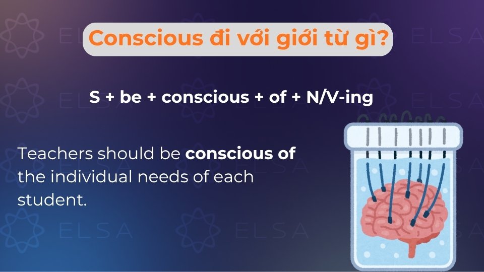 Conscious thường đi với giới từ of để diễn tả việc nhận thức hoặc biết rõ về điều gì đó