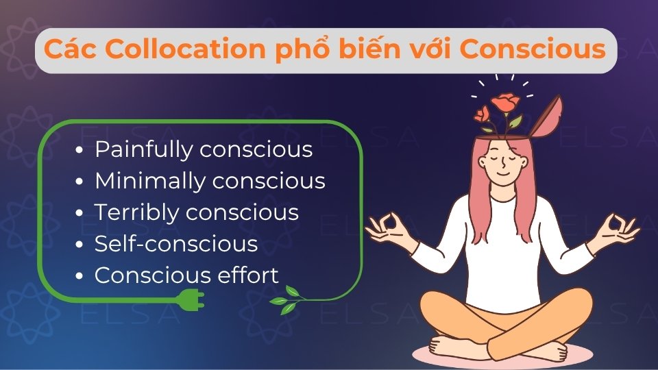 Các cụm từ đi kèm tiêu biểu gồm: make a conscious effort, conscious decision và socially conscious