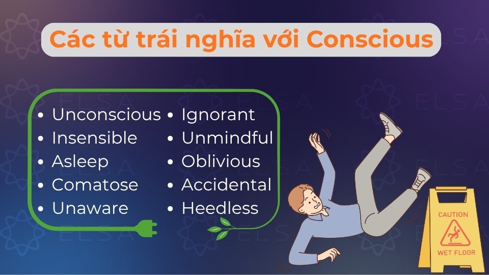 Các từ trái nghĩa tiêu biểu gồm Unconscious, Unaware, Insensible và Oblivious