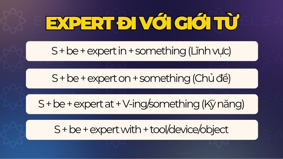 Expert có thể đi kèm với các giới từ in, on, at, with
