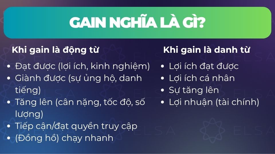 Gain vừa là tính từ, vừa là danh từ Gain vừa là tính từ, vừa là danh từ
