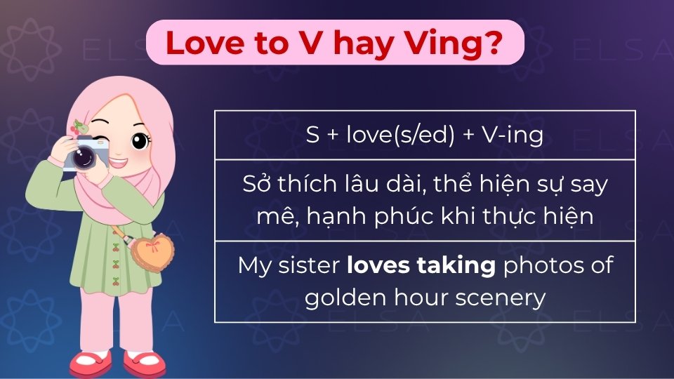Love + V-ing dùng khi muốn nhấn mạnh sự yêu thích, tận hưởng khi thực hiện hành động đó