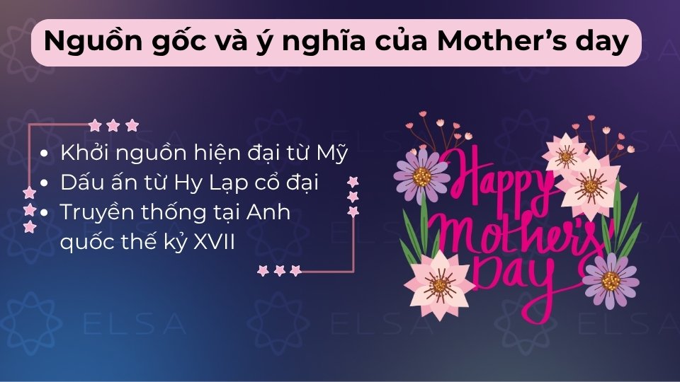 Ngày của Mẹ bắt nguồn từ Mỹ (1914), nhằm tôn vinh và tri ân tình mẫu tử thiêng liêng