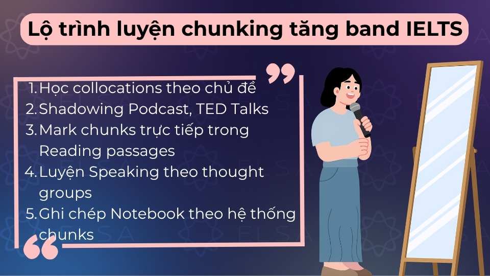 Luyện nghe chép chính tả, đọc ngắt cụm ý và tập nói theo chunks hằng ngày để tăng band nhanh