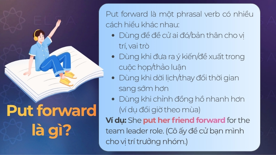 Put forward là một phrase verb có nhiều ý nghĩa Put forward là một phrase verb có nhiều ý nghĩa