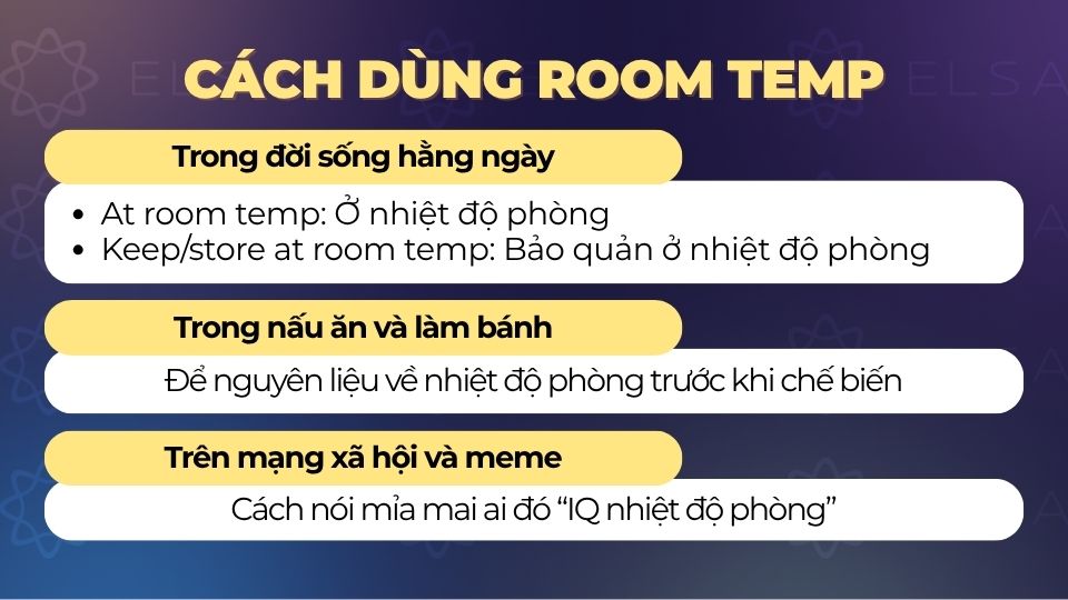 Room temp thường dùng trong đời sống, nấu ăn, meme hoặc internet slang