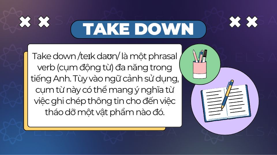 Take down là một phrasal verb, nghĩa phổ biến nhất là ghi chép lại Take down là một phrasal verb, nghĩa phổ biến nhất là ghi chép lại