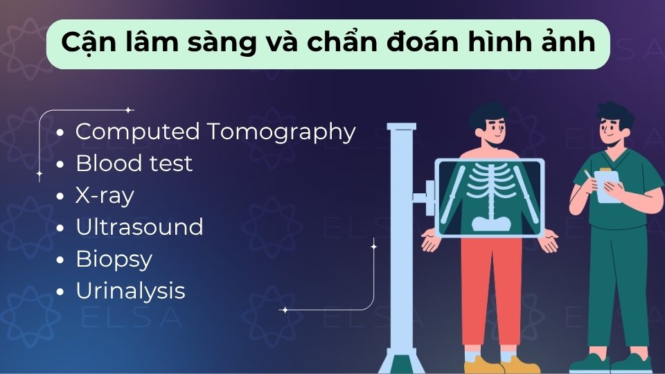 Bao gồm xét nghiệm (lab test), chụp X-quang (X-ray), nội soi (endoscopy) và siêu âm (ultrasound)