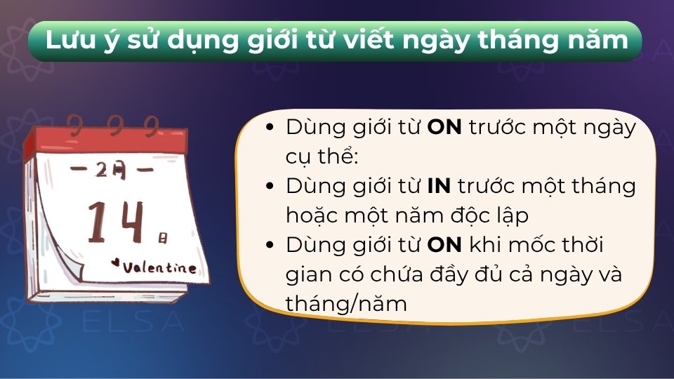 Dùng on trước ngày cụ thể và in trước tháng/năm độc lập để đảm bảo đúng ngữ pháp