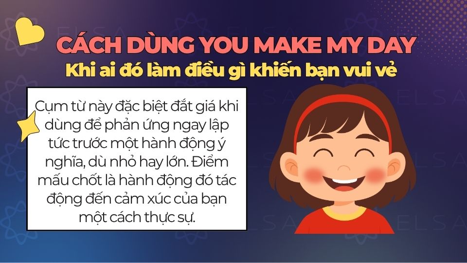 Cách sử dụng you make my day khi ai đó làm điều gì khiến người nói vui vẻ, cảm động Cách sử dụng you make my day khi ai đó làm điều gì khiến người nói vui vẻ, cảm động