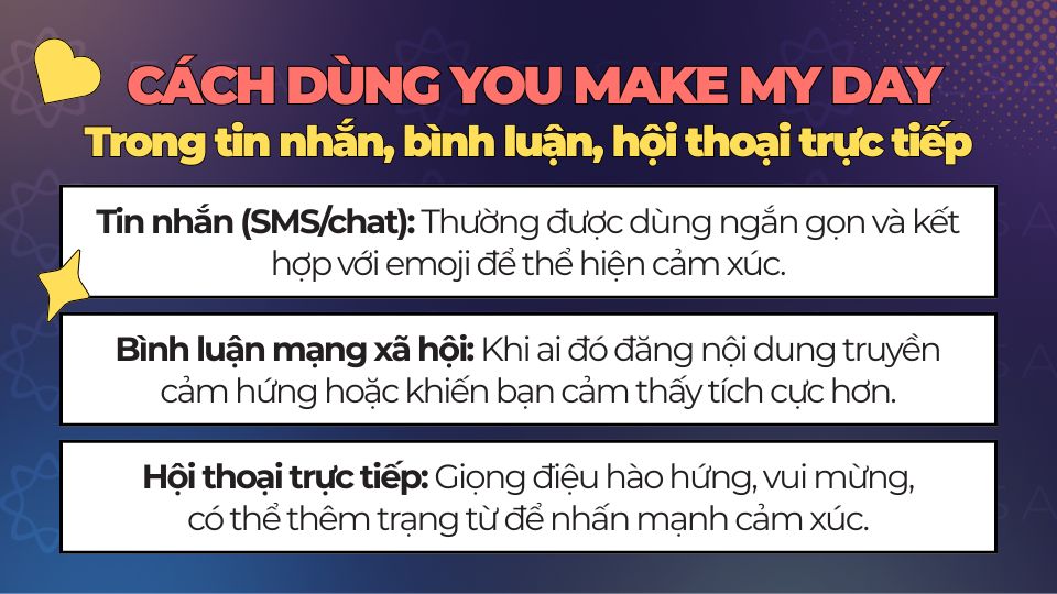 Cách sử dụng you make my day trong tin nhắn, trên mạng xã hội và trong giao tiếp Cách sử dụng you make my day trong tin nhắn, trên mạng xã hội và trong giao tiếp
