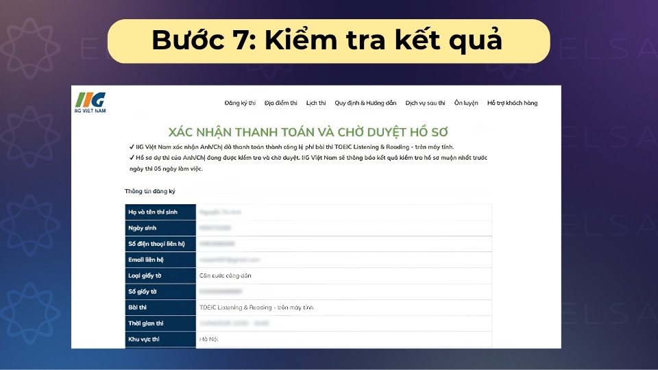 Sau khi thanh toán, kiểm tra email xác nhận và thông tin vé dự thi trên hệ thống để hoàn tất