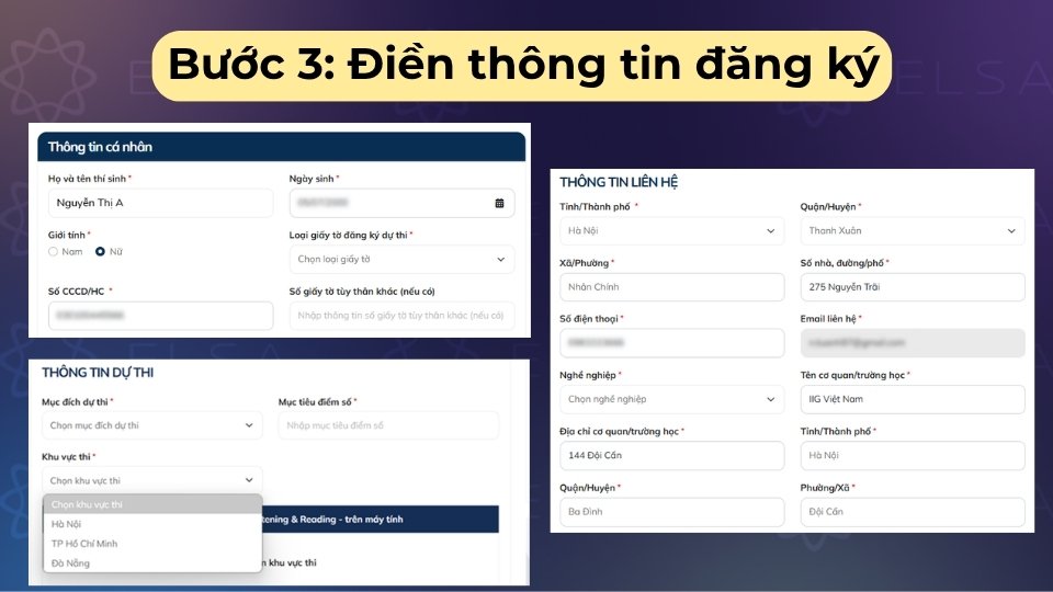 Nhập thông tin cá nhân, thông tin dự thi và thông tin liên hệ
