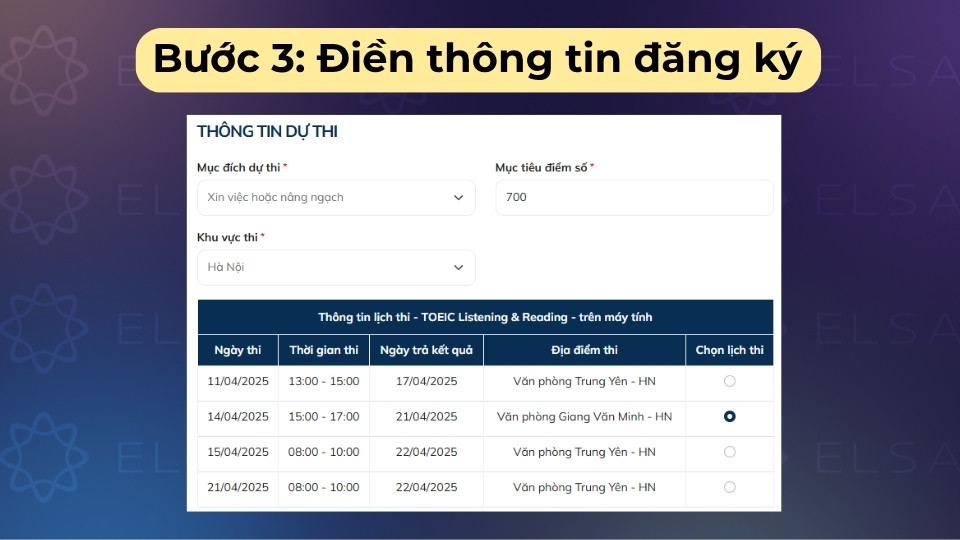 Hệ thống sẽ tự động trả về các lịch thi tương ứng với khu vực thí sinh chọn