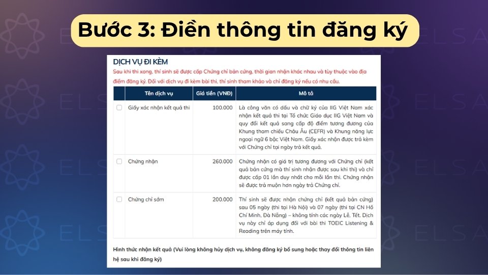 Chọn đăng ký các dịch vụ đi kèm, hình thức nhận kết quả, về yêu cầu viết hóa đơn