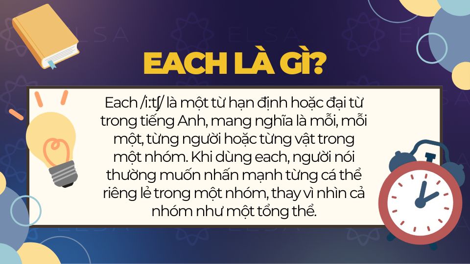 Each mang nghĩa là mỗi, mỗi một, từng người hoặc từng vật trong một nhóm. 
