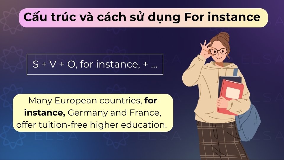 Cấu trúc này dùng for instance chèn giữa câu để làm rõ hoặc giải thích nhận định tự nhiên Cấu trúc này dùng for instance chèn giữa câu để làm rõ hoặc giải thích nhận định tự nhiên