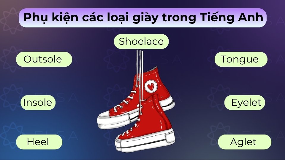 Phụ kiện giày bao gồm dây giày (shoelace), lót giày (insole), gót (heel) và lỗ xỏ (eyelet) Phụ kiện giày bao gồm dây giày (shoelace), lót giày (insole), gót (heel) và lỗ xỏ (eyelet)