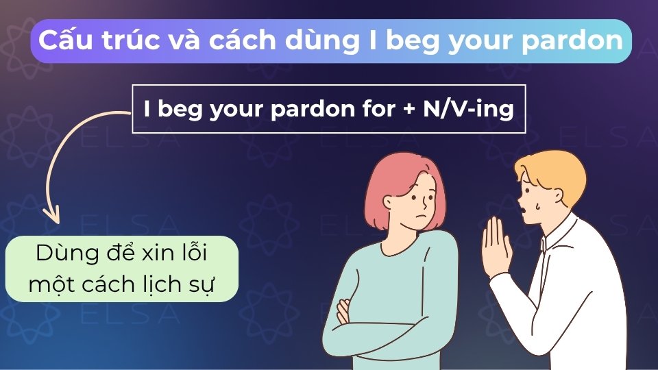 Cấu trúc I beg your pardon for được dùng để xin lỗi một cách trang trọng về việc gì đó