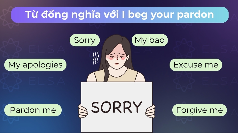 Từ đồng nghĩa với I beg your pardon là I apologize, Excuse me hoặc Sorry