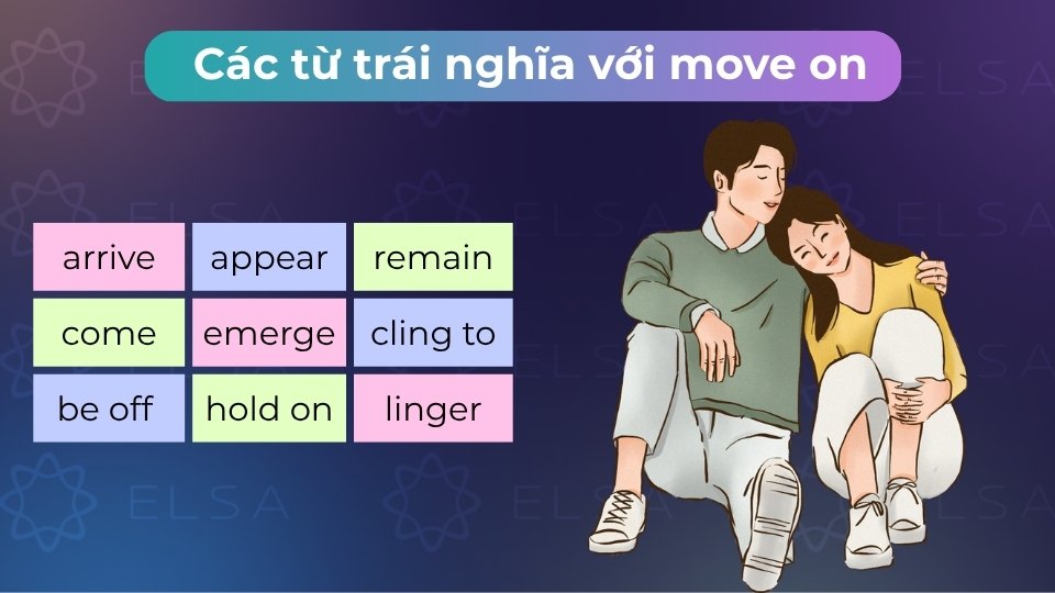 Từ trái nghĩa với move on gồm arrive, appear, remain, come, be off, hold on,...