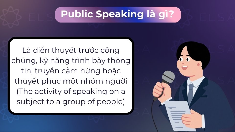 Public speaking là nghệ thuật giao tiếp, diễn thuyết trực tiếp trước một nhóm khán giả Public speaking là nghệ thuật giao tiếp, diễn thuyết trực tiếp trước một nhóm khán giả