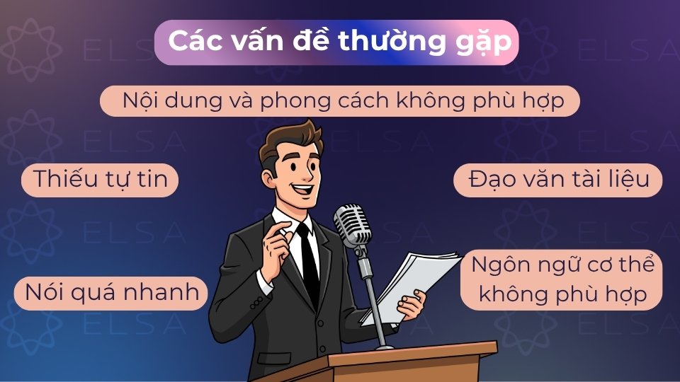Các vấn đề thường gặp gồm thiếu tự tin, nói quá nhanh, lỗi ngôn ngữ cơ thể và đạo văn Các vấn đề thường gặp gồm thiếu tự tin, nói quá nhanh, lỗi ngôn ngữ cơ thể và đạo văn