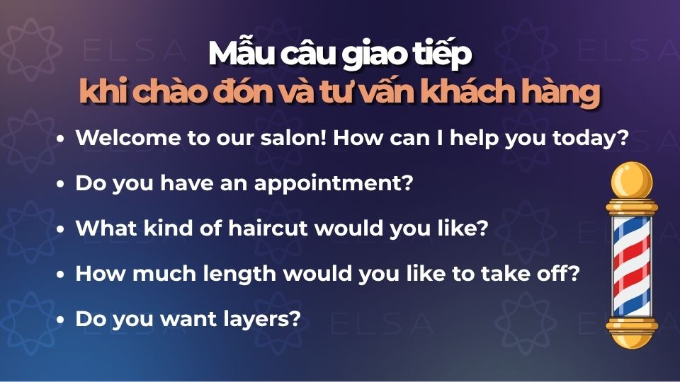 Nhân viên salon tư vấn kiểu tóc cho khách hàng bằng tiếng Anh