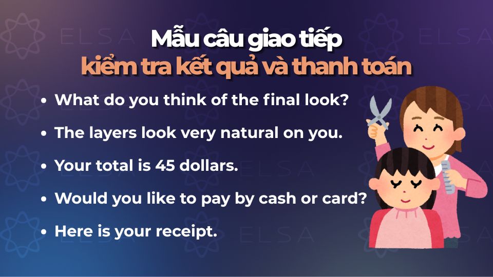 Khách hàng kiểm tra kiểu tóc và thanh toán tại salon
