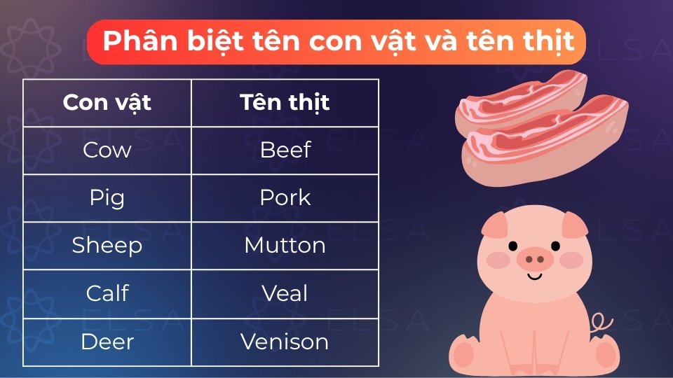 Tên con vật và tên thịt thường khác nhau, cần phân biệt rõ để dùng đúng trong thực tế