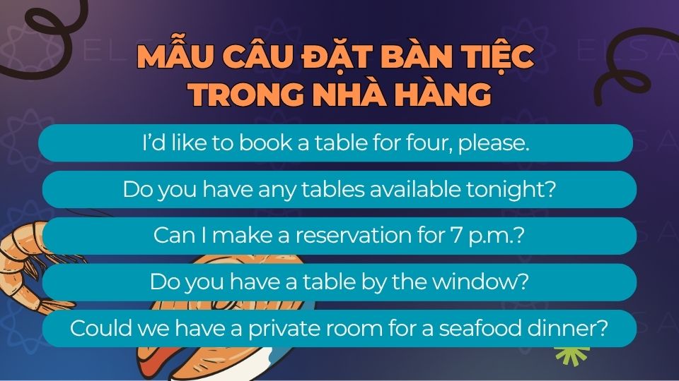 Mẫu câu đặt bàn trong nhà hàng bằng tiếng Anh khi đi ăn hải sản