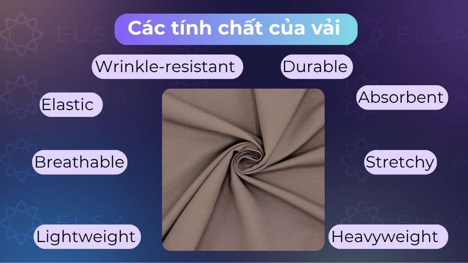 Tính chất vải gồm độ thoáng khí, bền bỉ, co giãn, thấm hút và khả năng chống nhăn, chống cháy Tính chất vải gồm độ thoáng khí, bền bỉ, co giãn, thấm hút và khả năng chống nhăn, chống cháy
