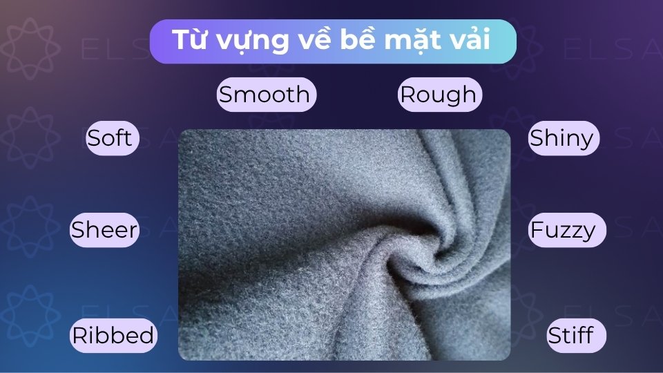 Bề mặt vải bao gồm các trạng thái như nhẵn mịn, thô ráp, mềm mại, bóng bẩy hoặc có lông tơ Bề mặt vải bao gồm các trạng thái như nhẵn mịn, thô ráp, mềm mại, bóng bẩy hoặc có lông tơ