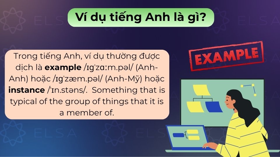 Ví dụ dịch sang tiếng Anh là example, dùng để minh họa hoặc làm rõ cho một vấn đề
