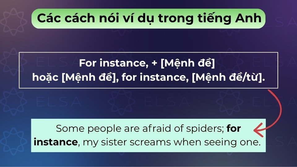 For instance có nghĩa là ví dụ, dùng thay thế cho for example để đưa ra minh họa