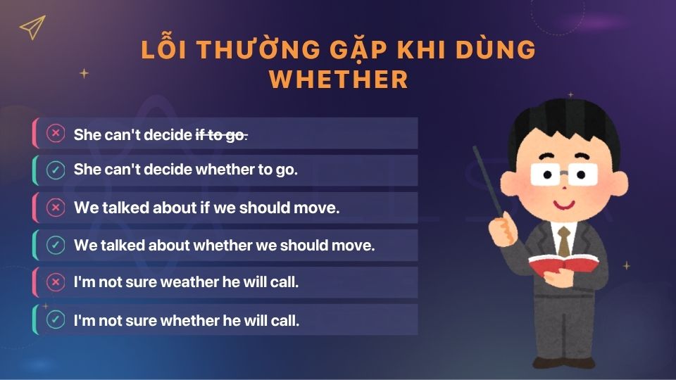 Đối chiếu câu sai và câu đúng để tránh lỗi khi dùng Whether