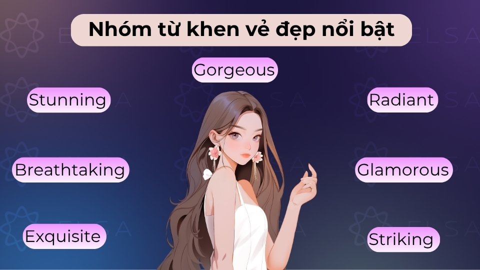 Nhóm từ này gồm Gorgeous, Stunning, Breathtaking,... mô tả vẻ đẹp lộng lẫy và ấn tượng Nhóm từ này gồm Gorgeous, Stunning, Breathtaking,... mô tả vẻ đẹp lộng lẫy và ấn tượng