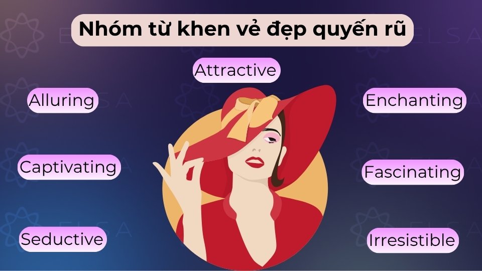 Nhóm này gồm Attractive, Alluring, Captivating,... mô tả vẻ đẹp lôi cuốn và đầy sức hút Nhóm này gồm Attractive, Alluring, Captivating,... mô tả vẻ đẹp lôi cuốn và đầy sức hút