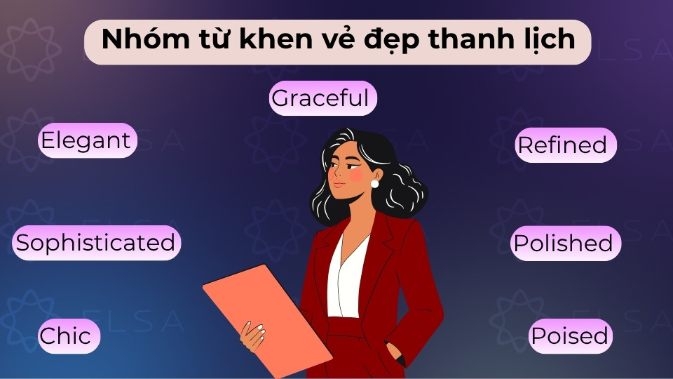 Nhóm này gồm Elegant, Graceful, Sophisticated,... mô tả vẻ đẹp sang trọng và tinh tế Nhóm này gồm Elegant, Graceful, Sophisticated,... mô tả vẻ đẹp sang trọng và tinh tế
